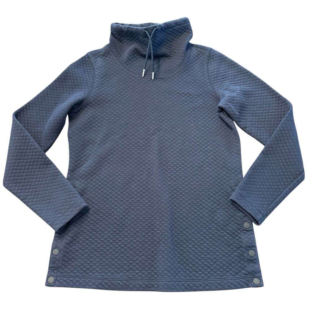 L.L. Bean Ladies navy blue quilted funnel neck sweater, snaps on side, size XS